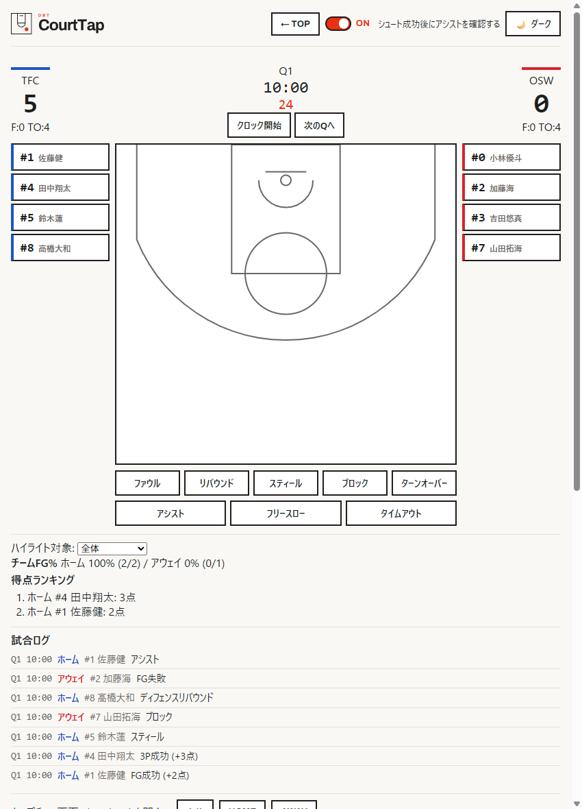 DBT CourtTap live input screen
