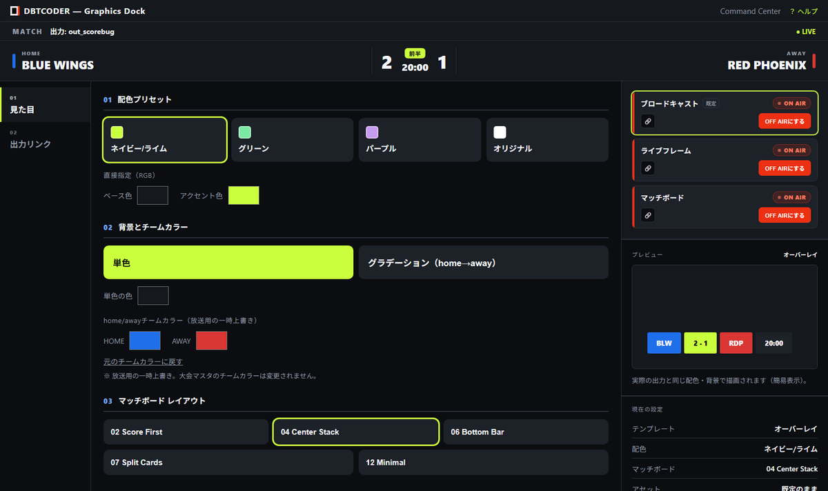 Graphics Dock画面：放送への出力ON/OFFと配色設定