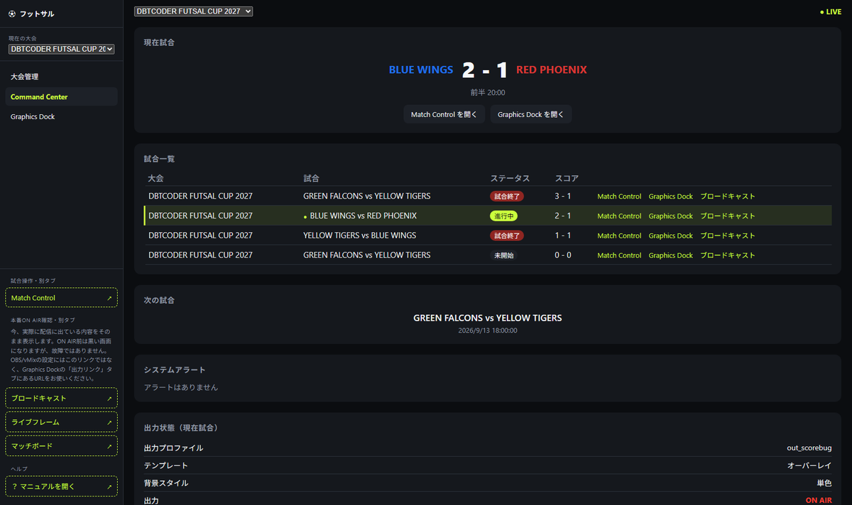 Command Center screen: every match in the tournament, with alerts