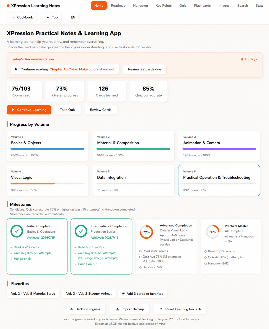 Study App home: per-volume progress and milestones