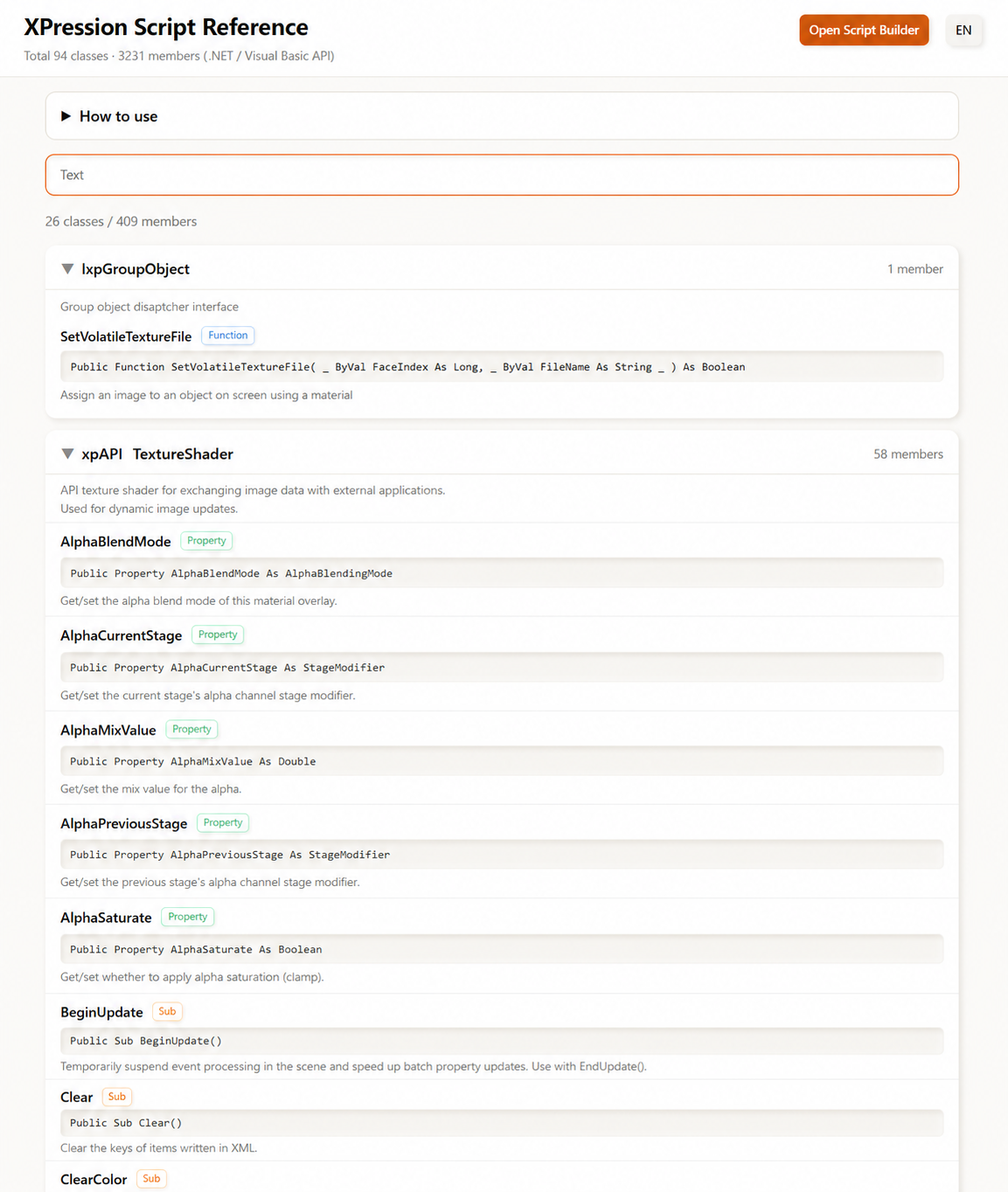 Script Reference: class and member explanations in EN/JA