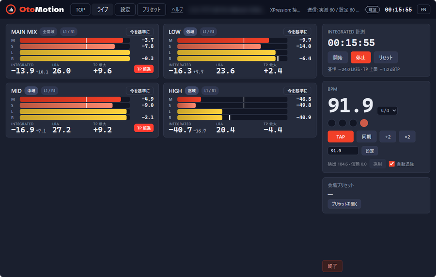 OtoMotion の監視画面。4 系統のメーターと BPM